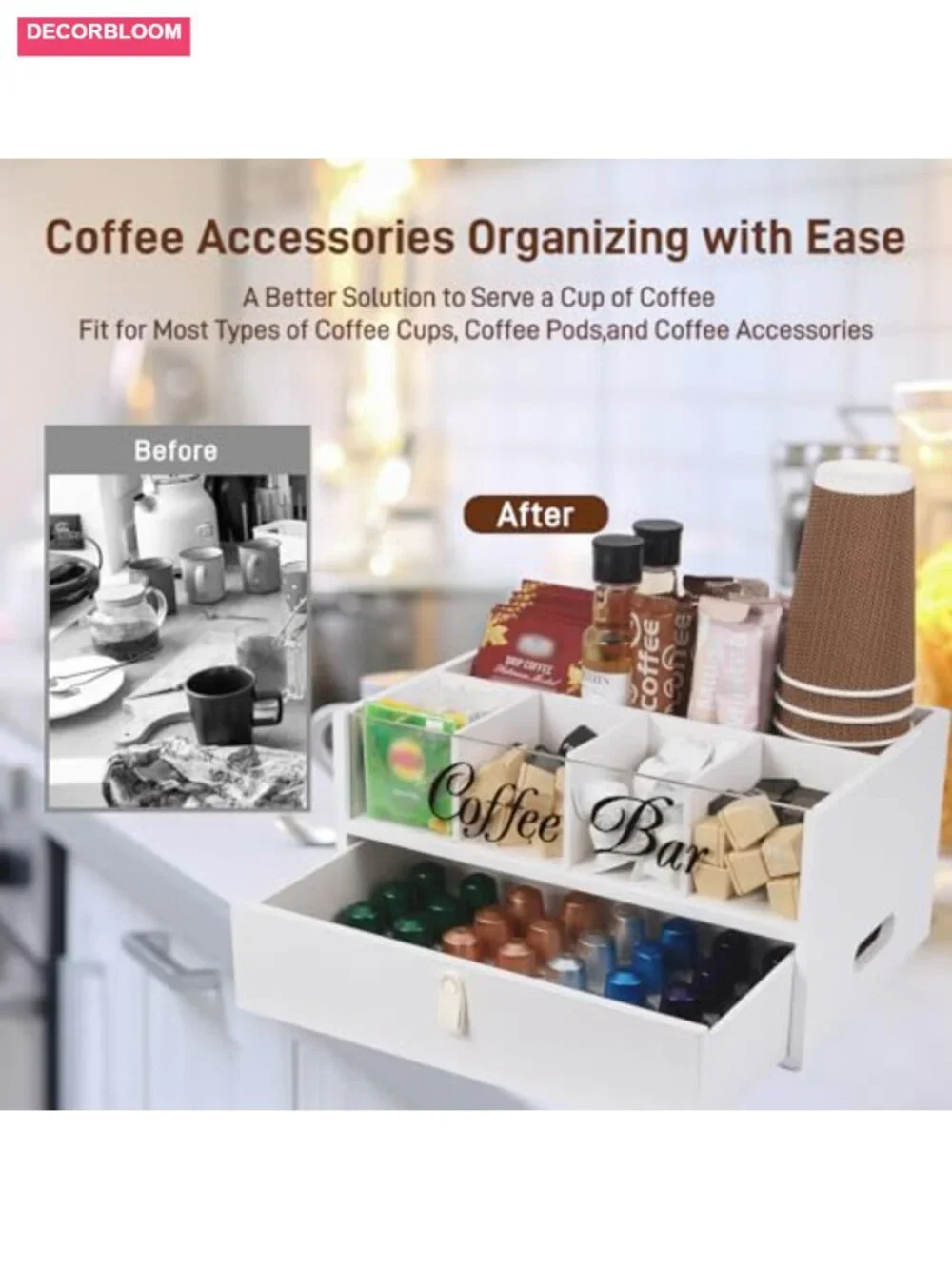 2-Tier Coffee Bar Organizer with Clear Acrylic Top, Built-in Drawer, Solid Wood